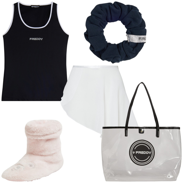 Outfit donna - Freddy ma calda at home. Stile Basic per Tutti i giorni. Abbinamento con pantofole, shopping bag, minigonne, accessori per capelli, canottiere.