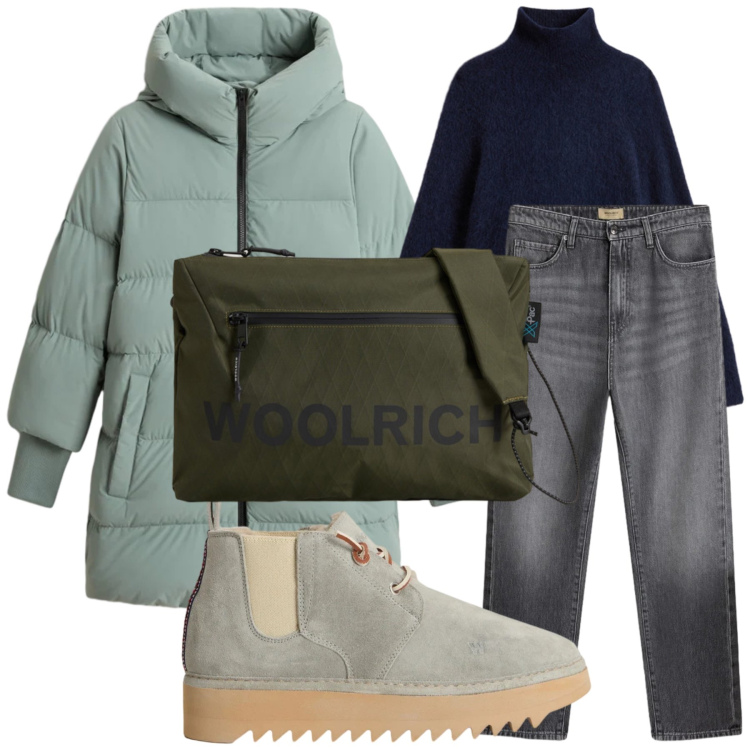 Outfit donna - All Woolrich. Stile Basic per Tutti i giorni. Abbinamento con jeans, borse a tracolla, maglieria, stivaletti, piumini.