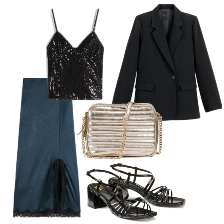 Outfit mujer - Noche especial. Estilo Chic para Noche/Fiesta elegante. Combinación con sandalias de piel, faldas largas, top, bolsos de hombro, blazers.