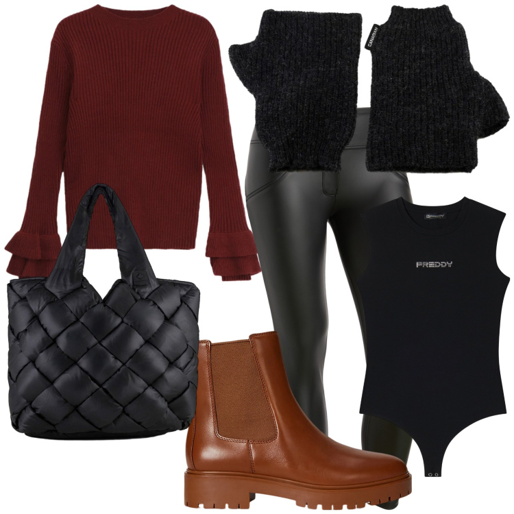 Outfit donna - Mix di saldi. Stile Casual chic per Tutti i giorni. Abbinamento con maglieria, pantaloni skinny, body, stivaletti chelsea, borse tote, guanti.