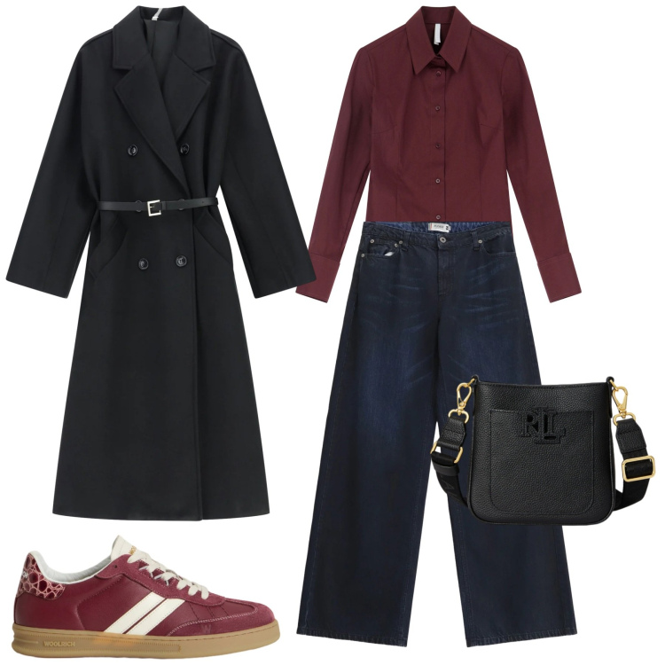 Outfit donna - City. Stile Casual chic per Tutti i giorni. Abbinamento con jeans, body, cappotti, borse a tracolla, sneakers.