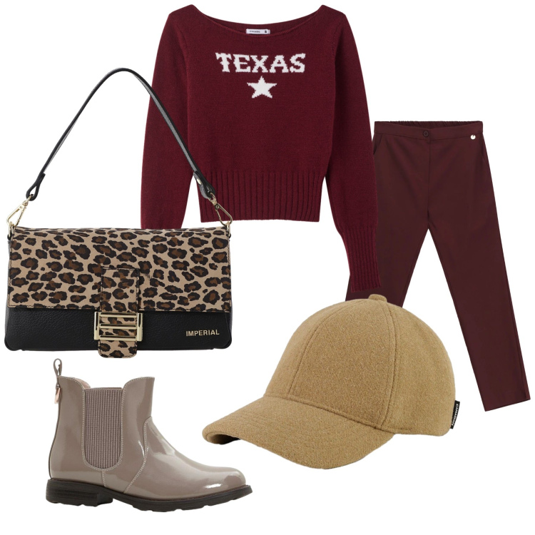 Outfit donna - Borsa wow in look sporty. Stile Casual chic per Tutti i giorni. Abbinamento con stivaletti chelsea, maglieria, pantaloni, borse a spalla, cappelli.