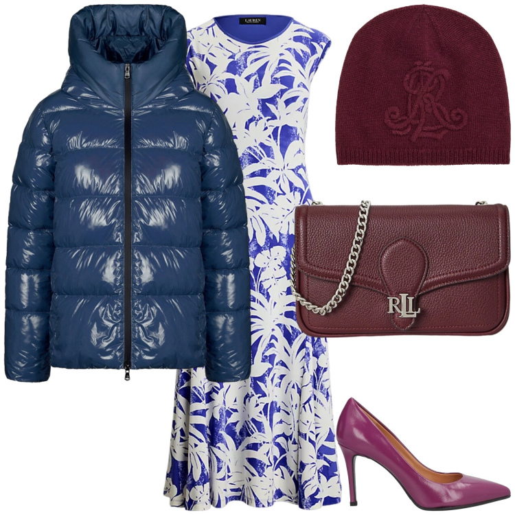Outfit donna - Uscita serale blu bordeaux. Stile Bon Ton per Serata fuori. Abbinamento con décolleté, clutch, berretti, vestiti, piumini.