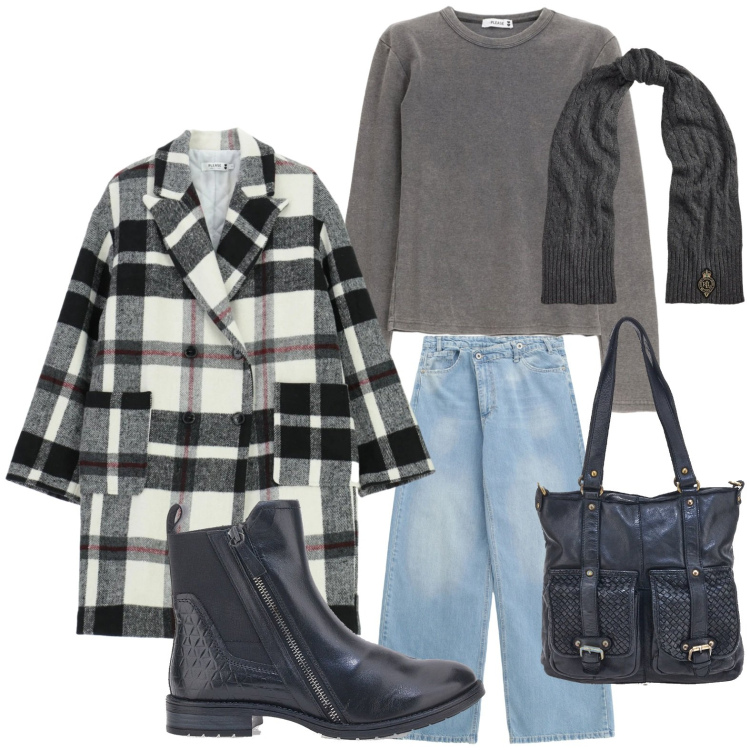 Outfit donna - Please - Saldi FW 2025. Stile Minimal per Scuola/Università. Abbinamento con cappotti, jeans, maglieria, sciarpe, stivaletti chelsea, borse a spalla.