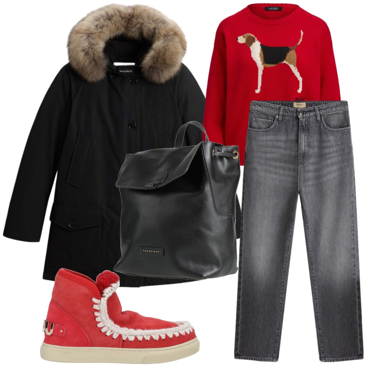 Outfit donna - In caso di neve. Stile Casual per Tutti i giorni. Abbinamento con stivaletti, zaini, maglieria, jeans, parka.