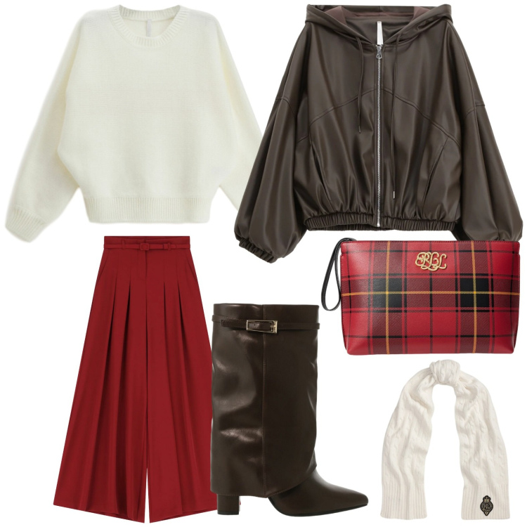 Outfit donna - Imperial - Saldi FW 2025. Stile Glamour per Tutti i giorni. Abbinamento con pantaloni a palazzo, maglieria, bomber, stivali, sciarpe, pochette.