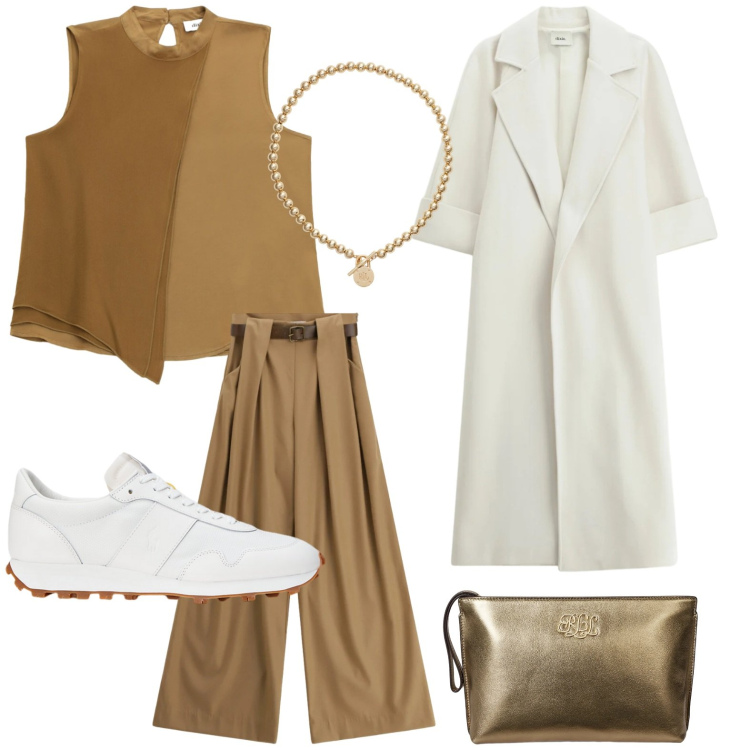 Outfit donna - Dixie - Saldi FW 2025. Stile Minimal per Tutti i giorni. Abbinamento con top, cappotti, pantaloni a palazzo, collane, sneakers, pochette.