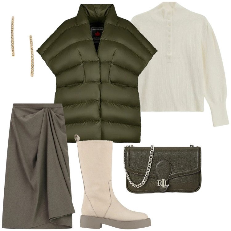 Outfit donna - Un nuovo anno, un nuovo stile. Stile Casual per Serata fuori. Abbinamento con stivali, gonne longuette, maglieria, orecchini, clutch, piumini.