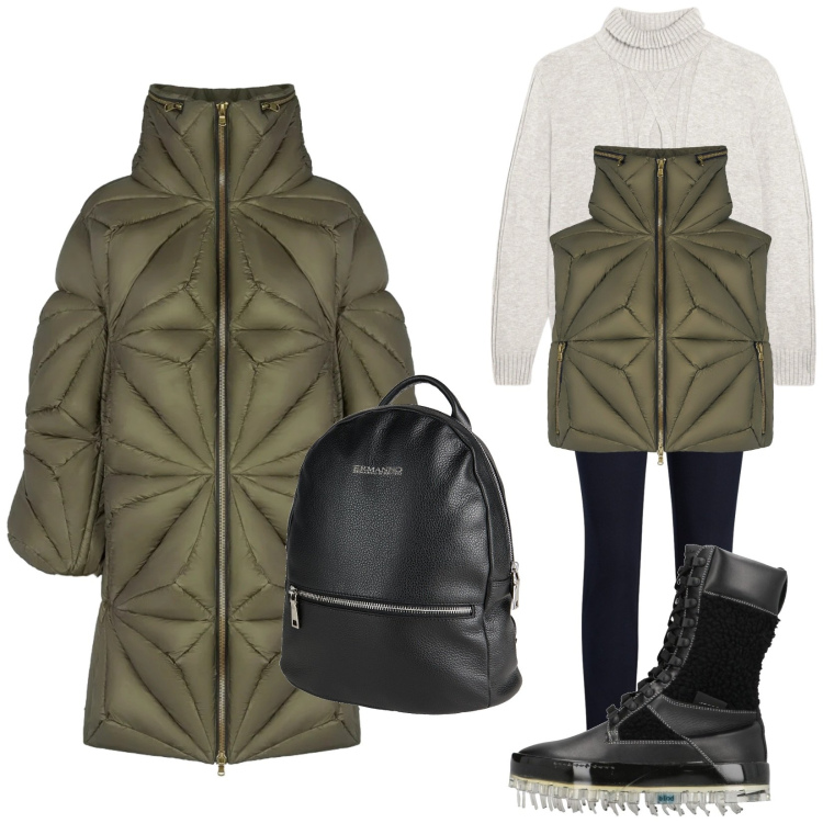 Outfit donna - Total look #2313026. Stile Casual per Tutti i giorni. Abbinamento con stivaletti, zaini, maglieria, pantaloni skinny, cappotti, piumini.