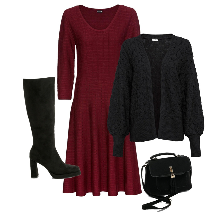 Outfit femme - Robe et gilet texturés. Style Basique pour Soirée dehors. Assortir avec robes longues, pulls, sacs en bandoulière, bottes.