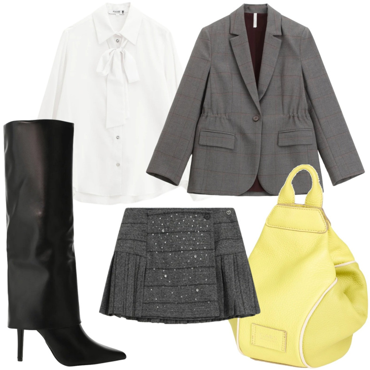 Outfit donna - La mini luccicante. Stile Preppy per Scuola/Università. Abbinamento con zaini, minigonne, camicie, stivali, blazer.
