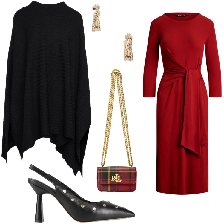 Outfit donna - L\'eleganza del poncho. Stile Chic per Serata fuori. Abbinamento con décolleté, cappotti, vestiti, orecchini, pochette.