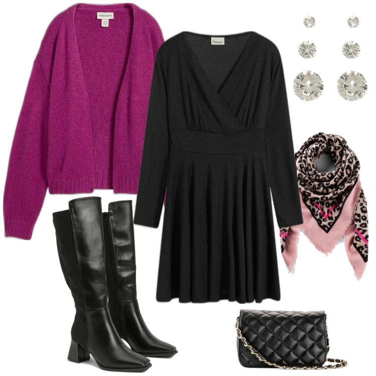 Outfit femme - Petite robe noire. Style Basique pour Soirée dehors. Assortir avec robes, pulls, écharpes, sacs en bandoulière, cuissardes, boucles d'oreilles.