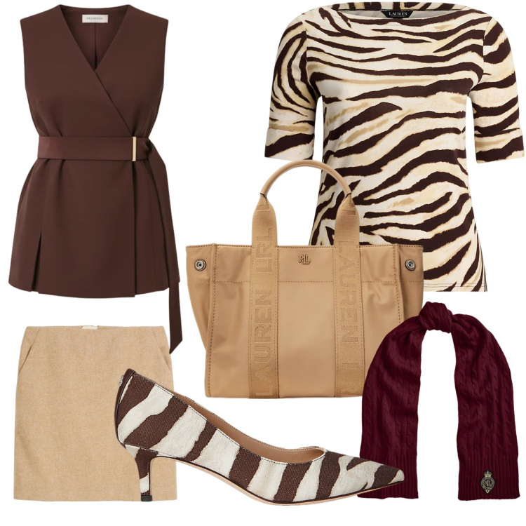 Outfit donna - Savana in città. Stile Chic per Tutti i giorni. Abbinamento con gonne, t-shirt, borse tote, décolleté, sciarpe, gilet.