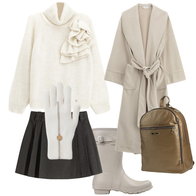 Outfit donna - Il maglione panna. Stile Trendy per Tutti i giorni. Abbinamento con gonne, zaini, stivali, cappotti, maglieria, guanti.