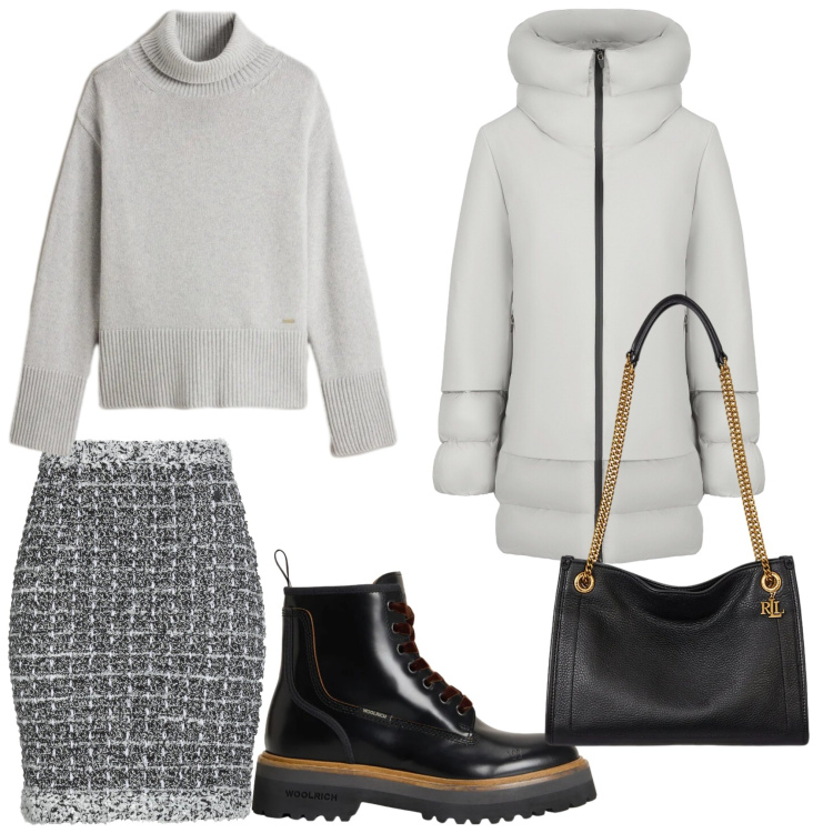 Outfit donna - Grigio e dintorni. Stile Casual chic per Ufficio. Abbinamento con minigonne, borse tote, piumini, anfibi, maglieria.