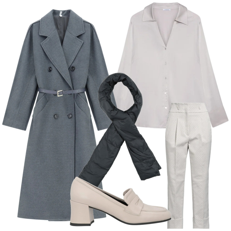 Outfit donna - Grigio. Stile Chic per Ufficio. Abbinamento con pantaloni, mocassini, sciarpe, cappotti, camicie.