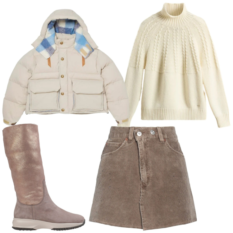 Outfit donna - Al calduccio. Stile Casual per Tutti i giorni. Abbinamento con stivali da neve, minigonne, maglieria, parka.