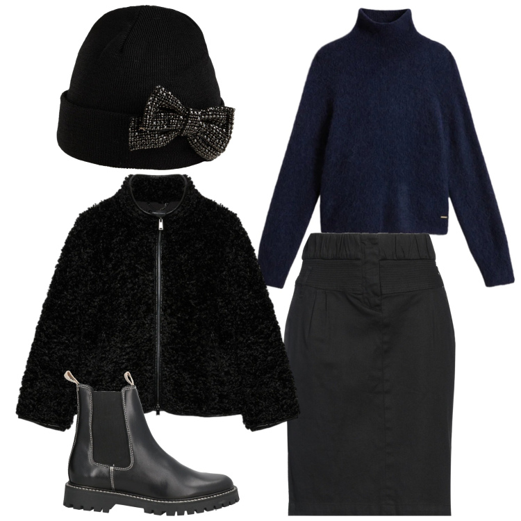 Outfit donna - Caldo nero. Stile Casual chic per Tutti i giorni. Abbinamento con minigonne, stivaletti chelsea, cappelli, maglieria, ecopellicce.