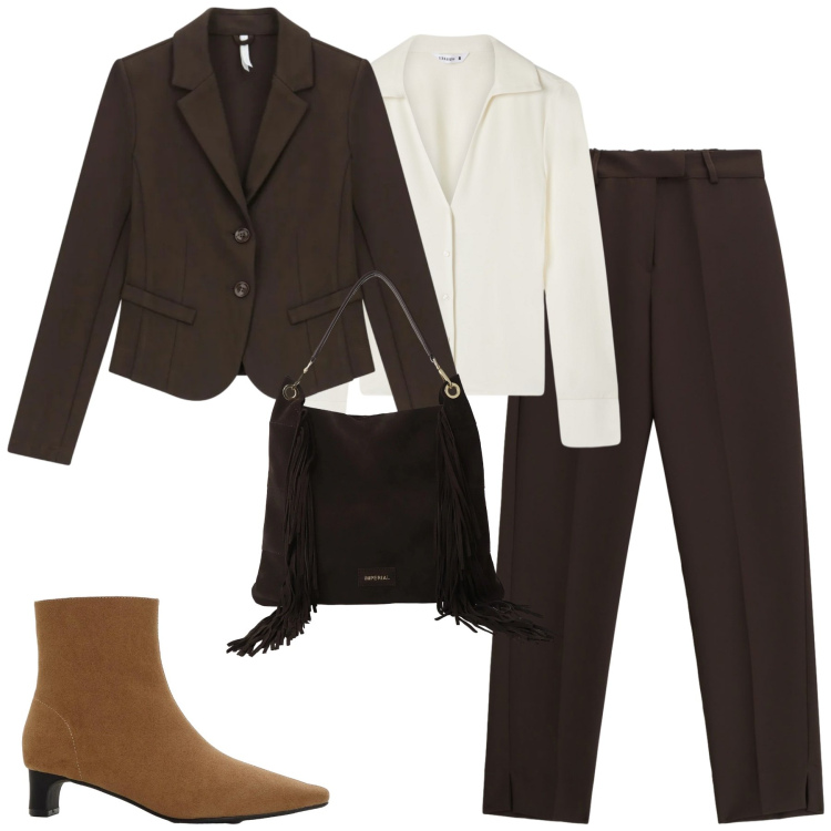 Outfit donna - City. Stile Urban per Tutti i giorni. Abbinamento con stivaletti, camicie, pantaloni, blazer, borse a spalla.