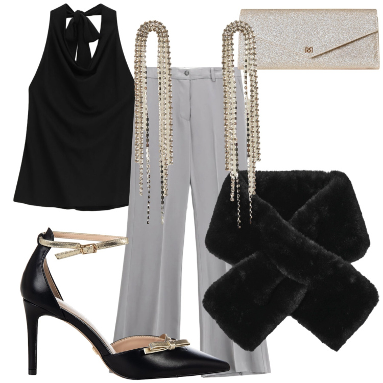 Outfit donna - Che serata wow con saldi wow. Stile Glamour per Serata fuori. Abbinamento con sciarpe, orecchini, pantaloni, top, décolleté, pochette.