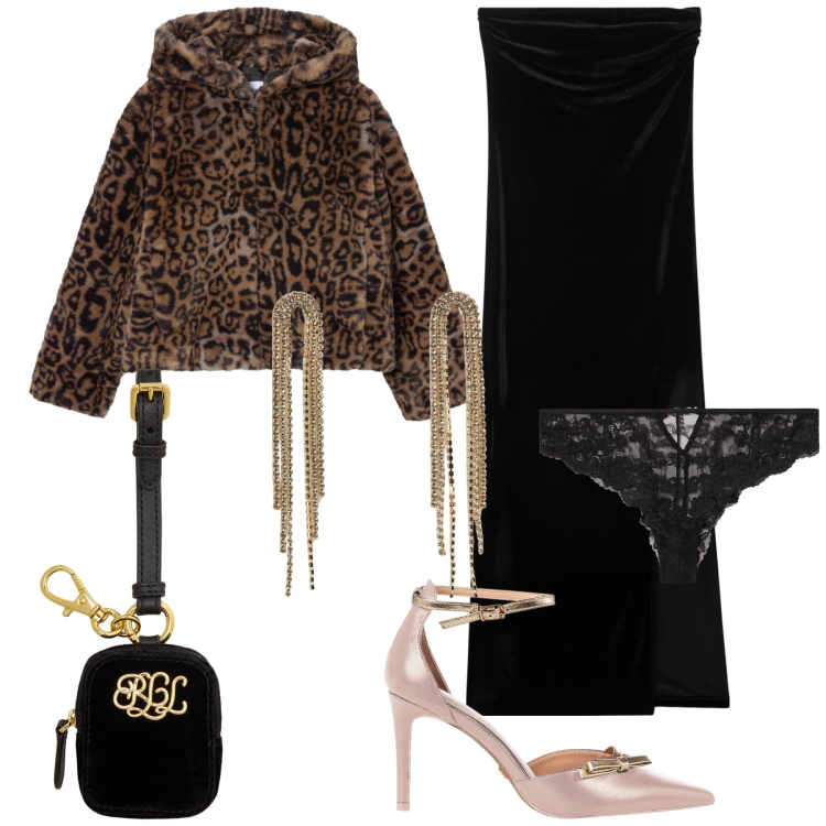 Outfit donna - A teatro coi saldi. Stile Glamour per Serata fuori. Abbinamento con culotte, ecopellicce, vestiti lunghi, orecchini, pochette, décolleté.