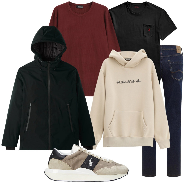 Outfit uomo - Layering. Stile Casual per Tutti i giorni. Abbinamento con jeans dritti, giacche, felpe con cappuccio, maglieria, t-shirt, sneakers.