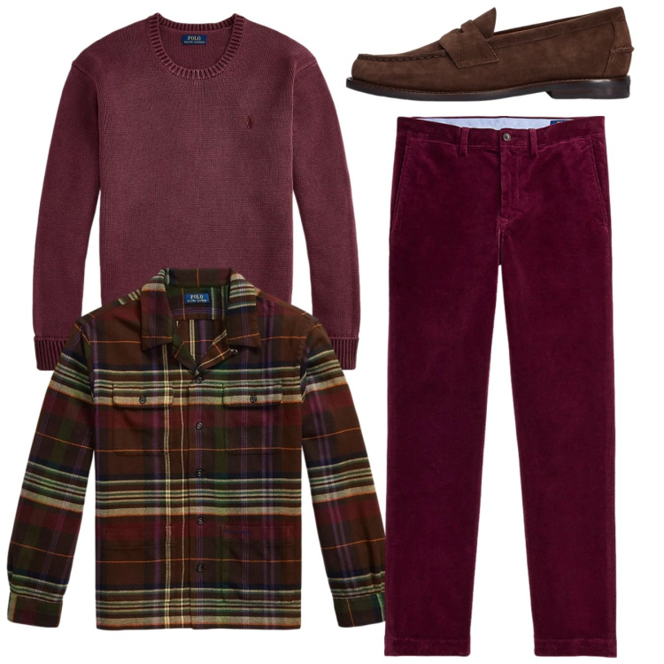 Outfit uomo - Monomarca toni caldi. Stile Casual per Tutti i giorni. Abbinamento con scarpe stringate, maglieria, pantaloni, giacche.