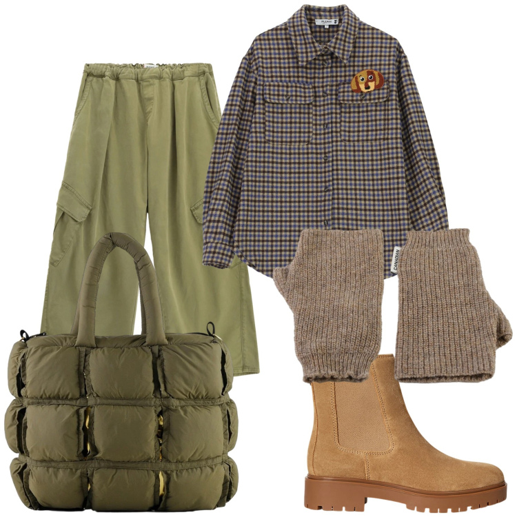 Outfit donna - Ma che bei saldi. Stile Casual chic per Tutti i giorni. Abbinamento con pantaloni cargo, camicie, stivaletti chelsea, guanti, borse a mano.