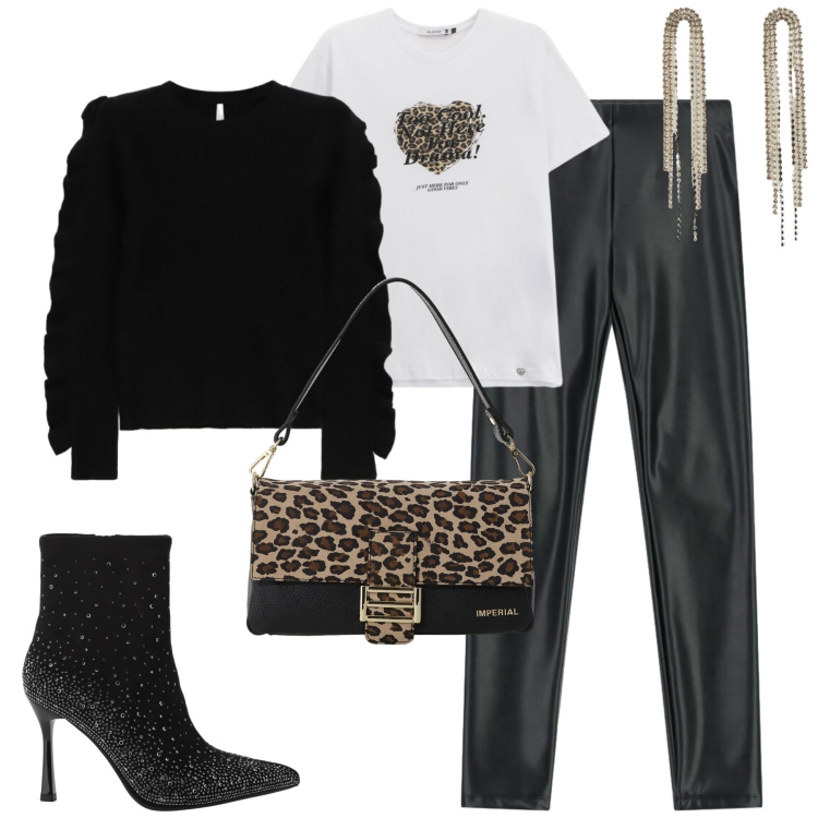 Outfit donna - Saldi. Stile Casual chic per Tutti i giorni. Abbinamento con orecchini, t-shirt, pantaloni skinny, borse a spalla, stivaletti, maglieria.