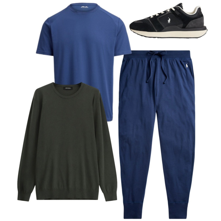 Outfit uomo - Total look sporty. Stile Urban per Tutti i giorni. Abbinamento con maglieria, pantaloni, t-shirt, sneakers.