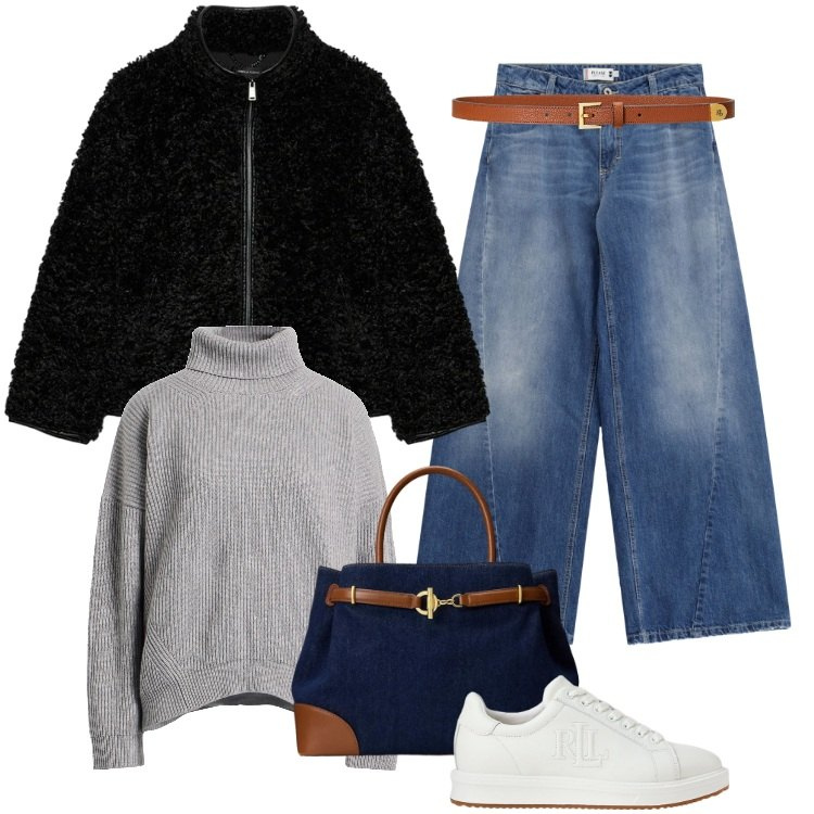 Outfit donna - Total look #2313080. Stile Basic per Tutti i giorni. Abbinamento con maglieria, jeans, borse a mano, sneakers, cinture, ecopellicce.