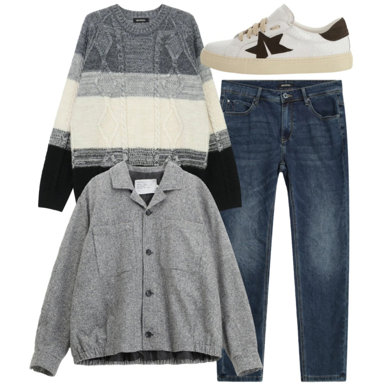 Outfit uomo - Total look. Stile Casual per Tutti i giorni. Abbinamento con cappotti, jeans slim fit, maglieria, sneakers.