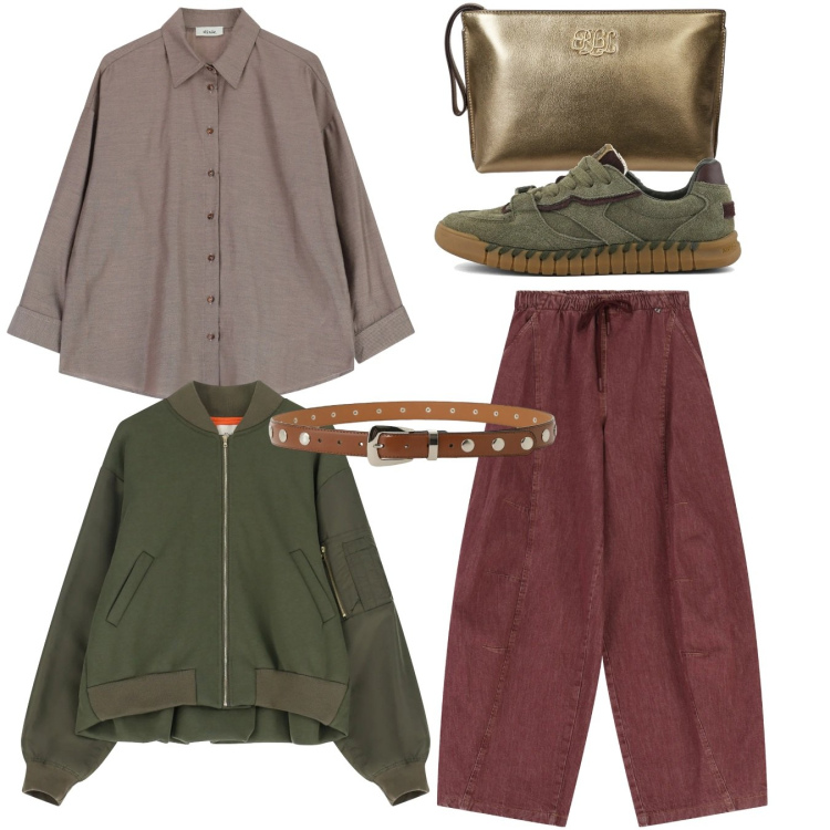 Outfit donna - Dixie - Saldi FW 2025. Stile Casual chic per Tutti i giorni. Abbinamento con cinture, pochette, bomber, pantaloni a palazzo, camicie, sneakers.