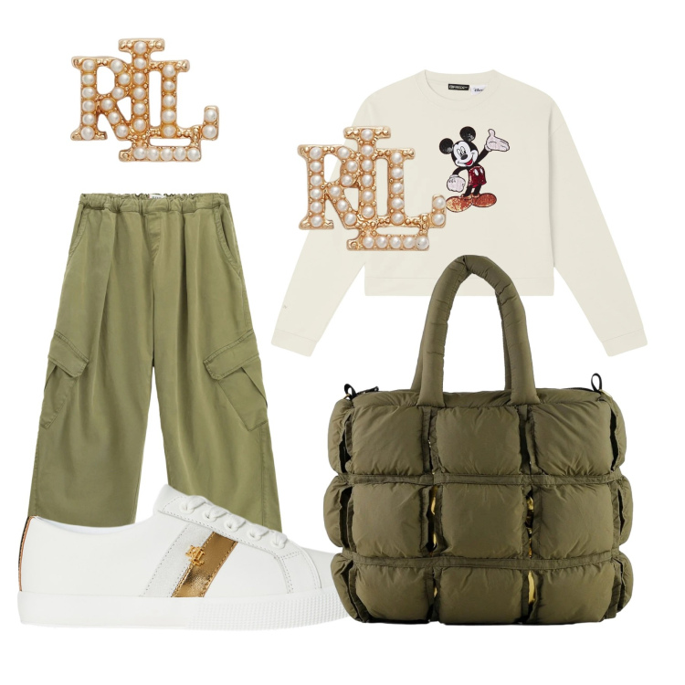 Outfit donna - Sbarazzina a Disneyland. Stile Urban per Tutti i giorni. Abbinamento con pantaloni cargo, felpe, orecchini, sneakers, borse a mano.