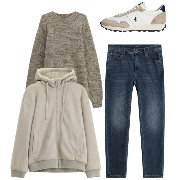 Outfit uomo - Neutri. Stile Casual per Tutti i giorni. Abbinamento con jeans slim fit, bomber, maglieria, sneakers.