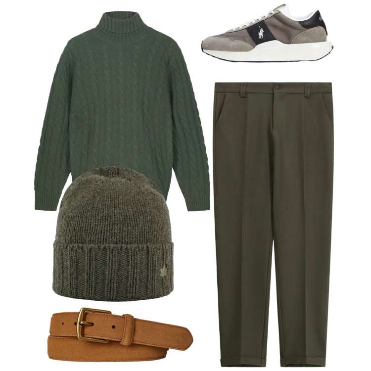 Outfit uomo - Total look. Stile Casual per Tutti i giorni. Abbinamento con pantaloni chino, sneakers, cinture, cappelli, maglieria.