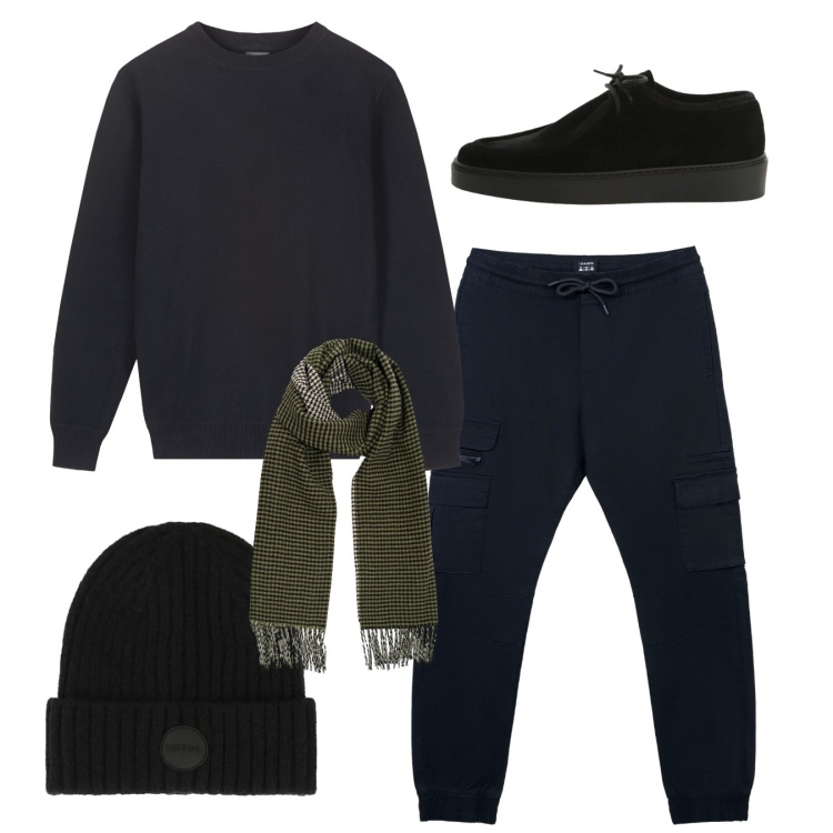 Outfit uomo - Tocco verde. Stile Urban per Tutti i giorni. Abbinamento con pantaloni cargo, cappelli, scarpe stringate, maglieria, sciarpe.