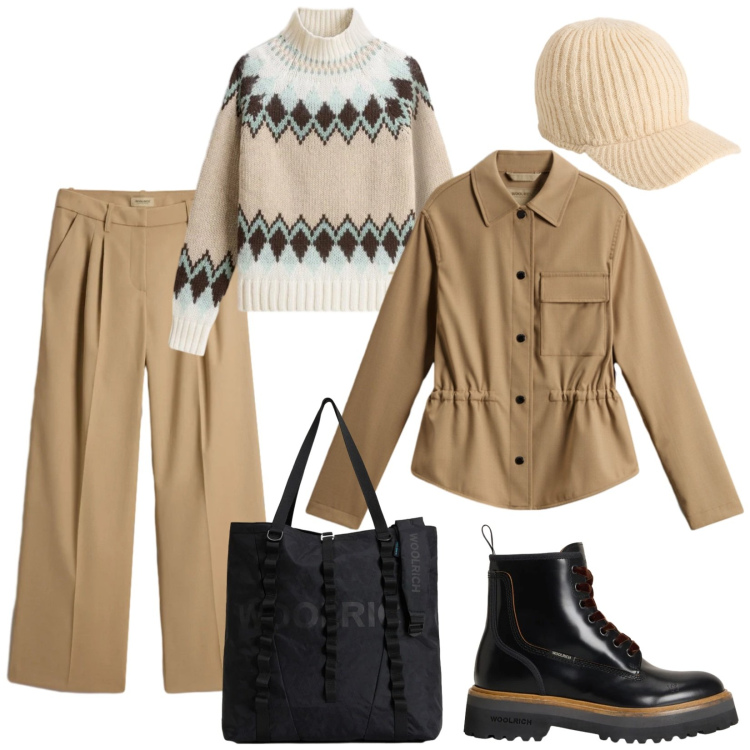 Outfit donna - Saldi invernali. Stile Casual per Tutti i giorni. Abbinamento con borse tote, anfibi, maglieria, cappelli, pantaloni, cappotti.