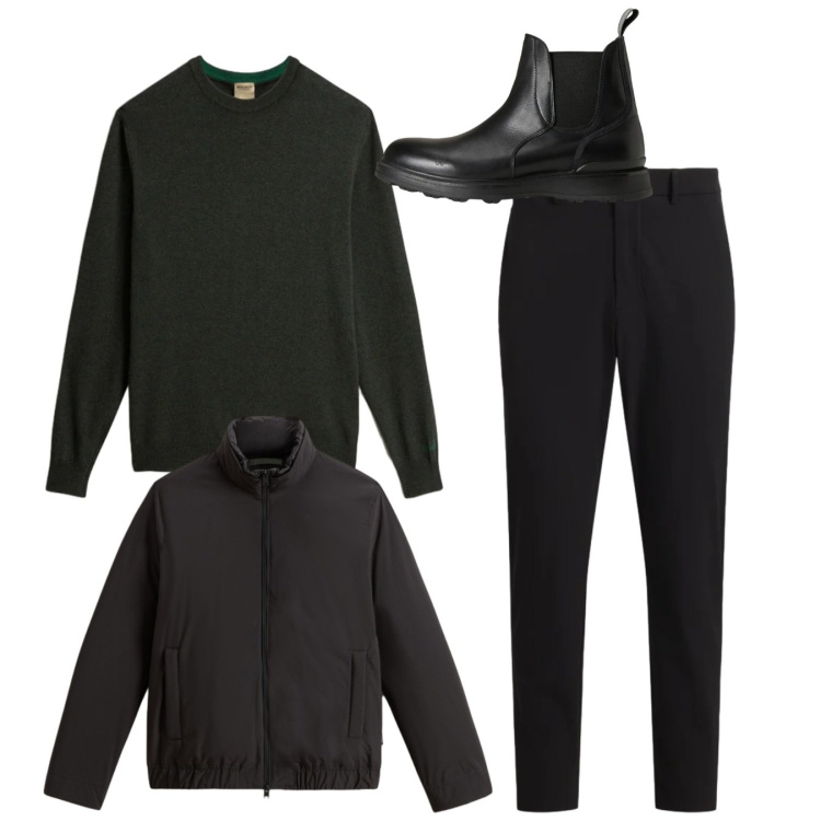 Outfit uomo - Total black. Stile Urban per Serata speciale. Abbinamento con pantaloni, stivali e stivaletti, maglieria, bomber.