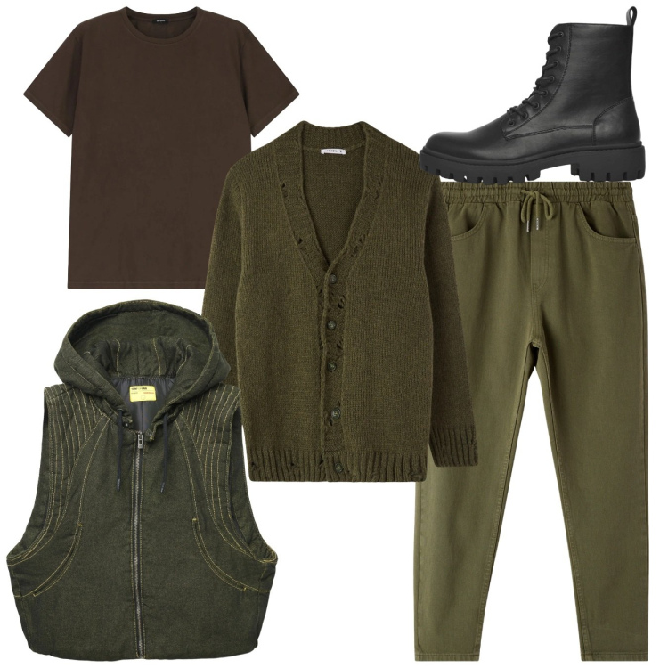 Outfit uomo - Green layering. Stile Urban per Tutti i giorni. Abbinamento con pantaloni, anfibi, gilet, cardigans, t-shirt.
