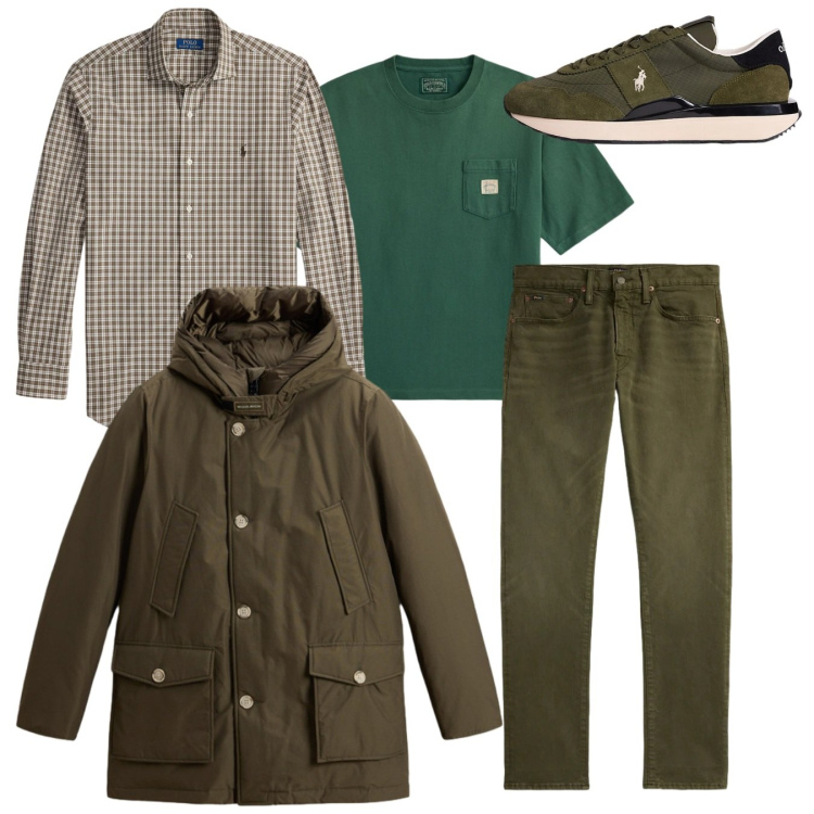 Outfit uomo - Total look. Stile Casual per Tutti i giorni. Abbinamento con sneakers, t-shirt, jeans, camicie, parka.
