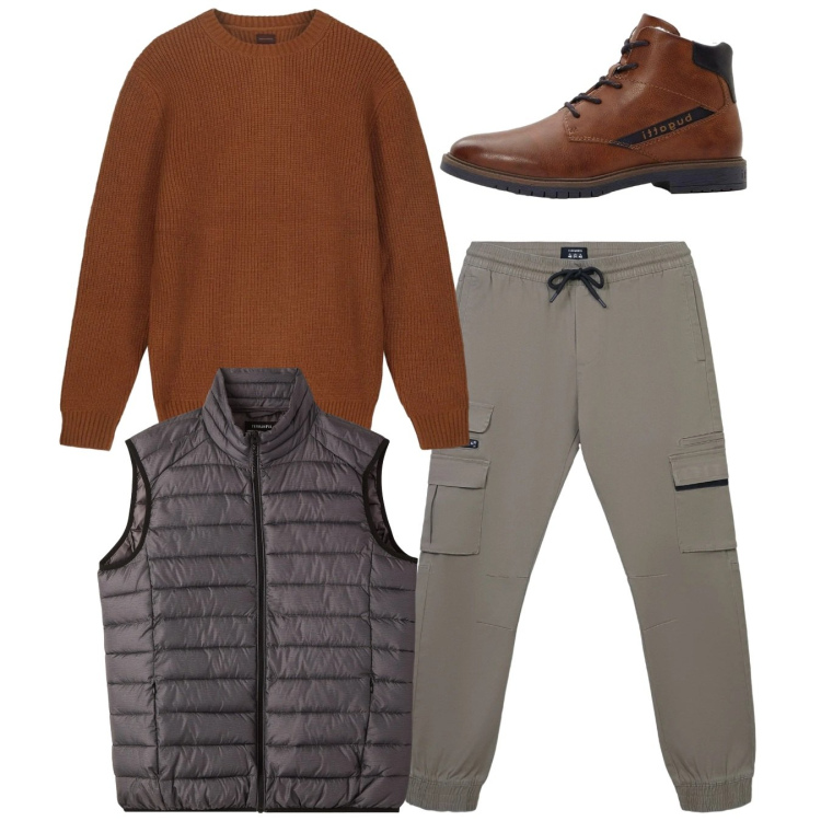 Outfit uomo - Total tobacco\'s. Stile Urban per Tutti i giorni. Abbinamento con anfibi, pantaloni cargo, piumini, maglieria.