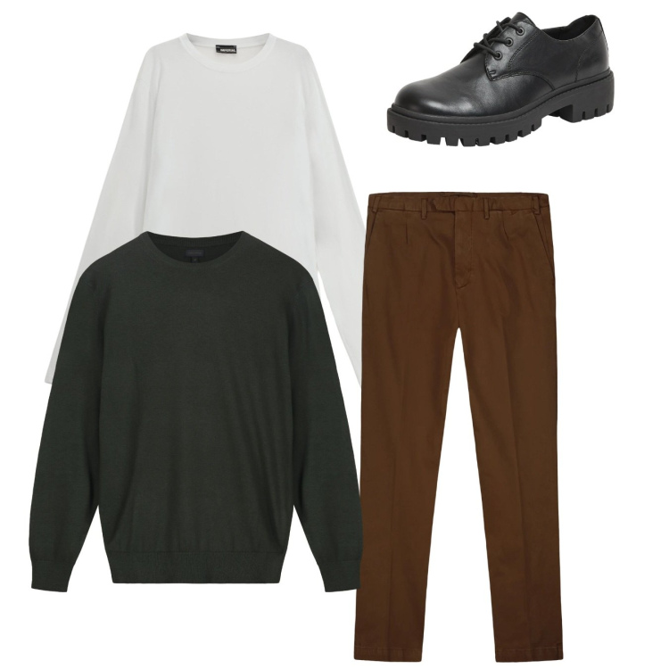 Outfit uomo - Total look. Stile Casual per Tutti i giorni. Abbinamento con scarpe stringate, maglieria, pantaloni, maglieria.