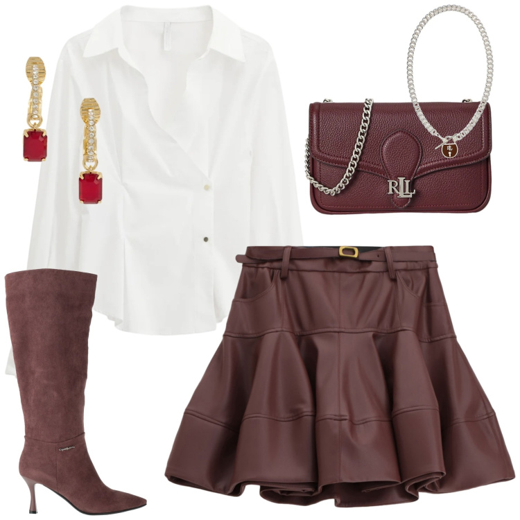 Outfit donna - Serata. Stile Trendy per Serata fuori. Abbinamento con stivali, camicie, minigonne, orecchini, ciondoli, clutch.