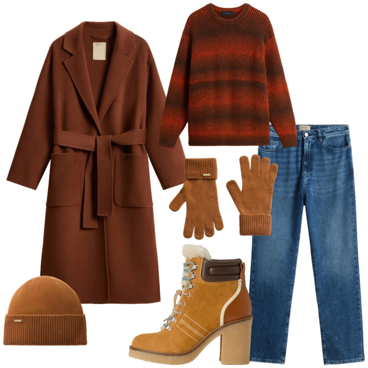 Outfit donna - Saldi invernali. Stile Casual per Ufficio. look ideale per Tall. Abbinamento con jeans, guanti, stivaletti, berretti, cappotti, maglieria.