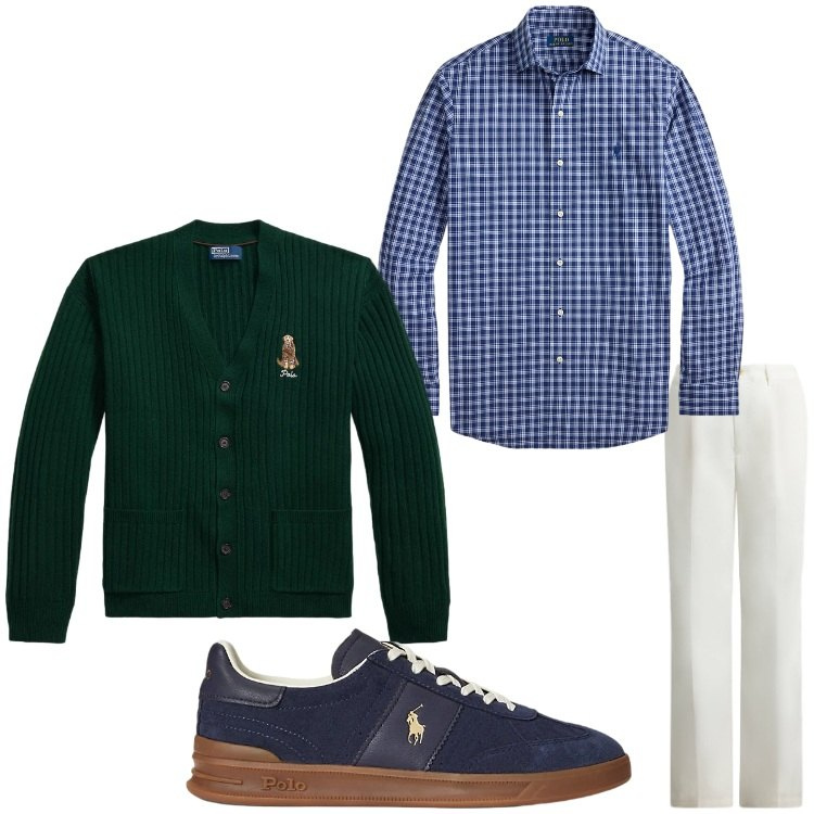Outfit uomo - Bianco e quadretti. Stile Casual per Ufficio. Abbinamento con sneakers, pantaloni, camicie, cardigans.