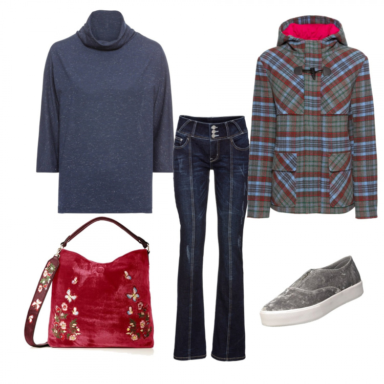 Outfit donna - Domenica in giro per musei. Stile Urban Abbinamento con jeans bootcut, montgomery blu, maglia collo alto filato blu, borsa a spalla in velluto rosa, sneakers in velluto grigio.