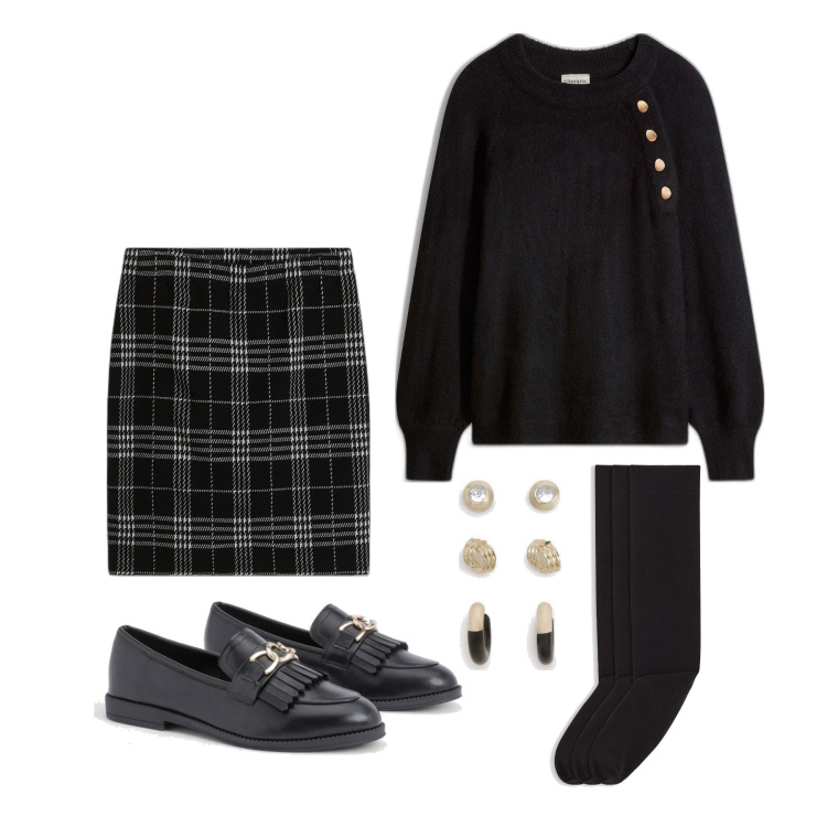 Outfit femme - Janvier. Style Preppy pour Tous les jours. Assortir avec jupes, pulls, socquettes, boucles d'oreilles, mocassins.