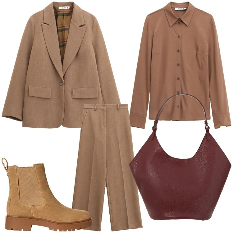 Outfit donna - Giacca e pantaloni. Stile Chic per Ufficio. Abbinamento con pantaloni, blazer, camicie, stivaletti chelsea, borse a spalla.